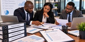 Professionals reviewing a tender proposal and bid documents